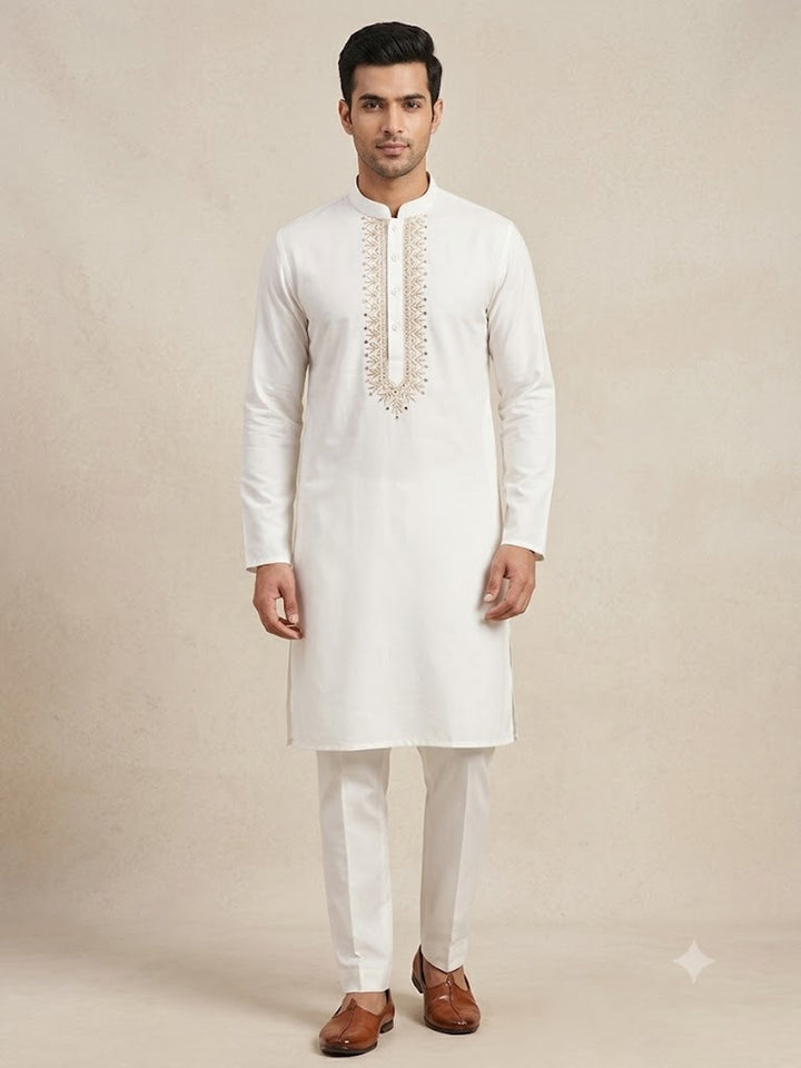 Embroidered Cream Kurta Set - K47939-102