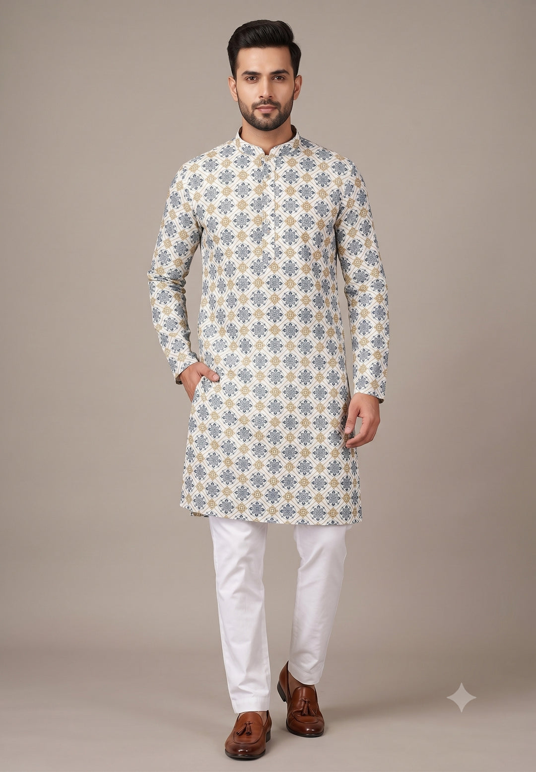 Geometric Cream Kurta Set - KM48145-6