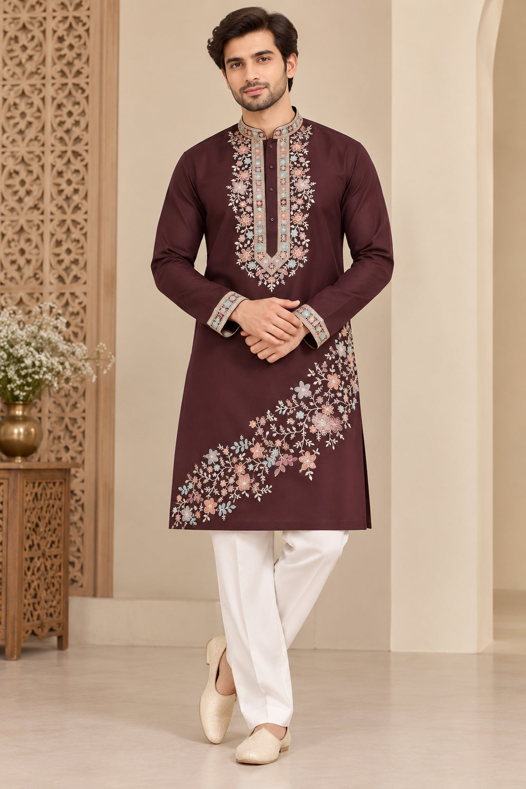 Floral Wine Kurta Set - K47932-102B