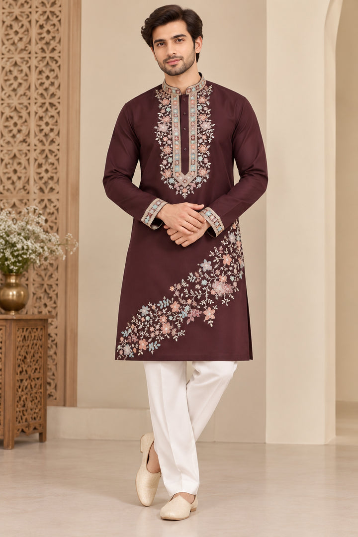 Floral Wine Kurta Set - K47932-102B