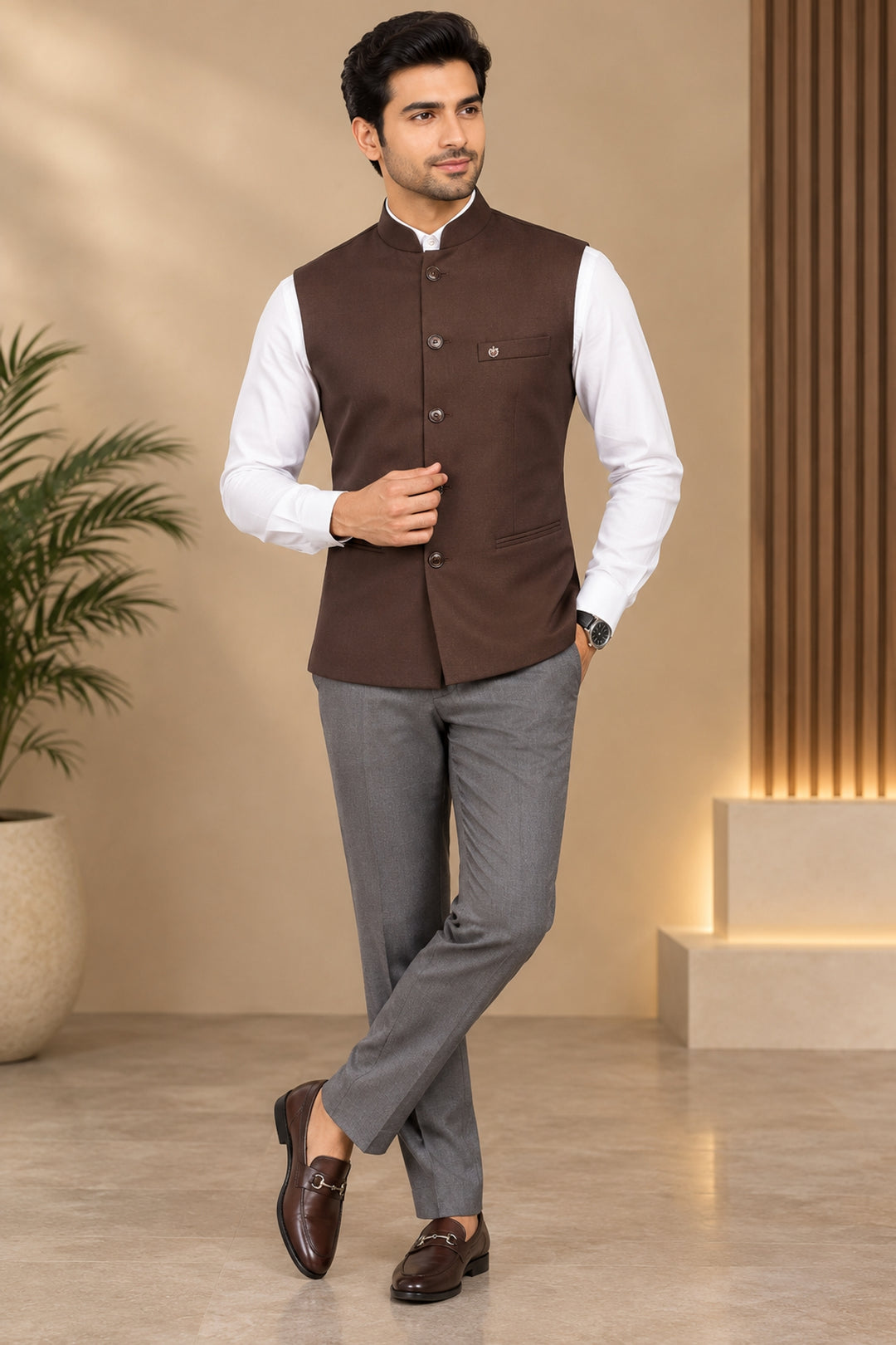 Solid Brown Nehru Jacket - B36771-13