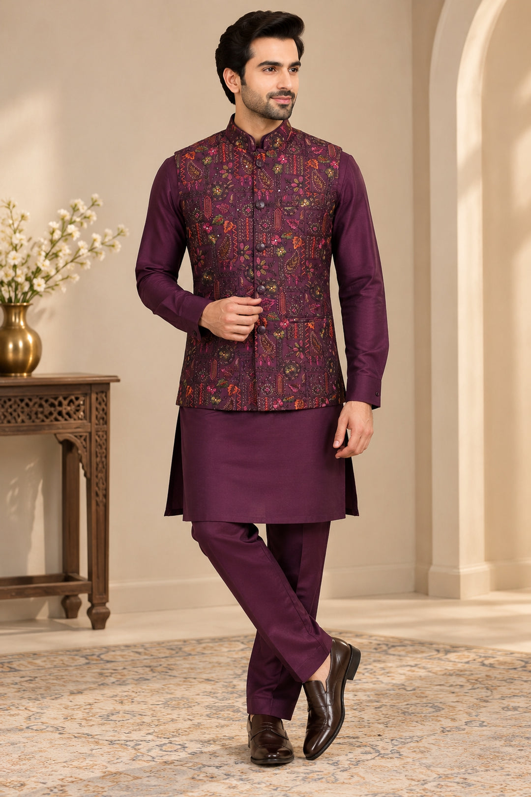 Floral Wine Jacket Kurta Set - JT47795-1