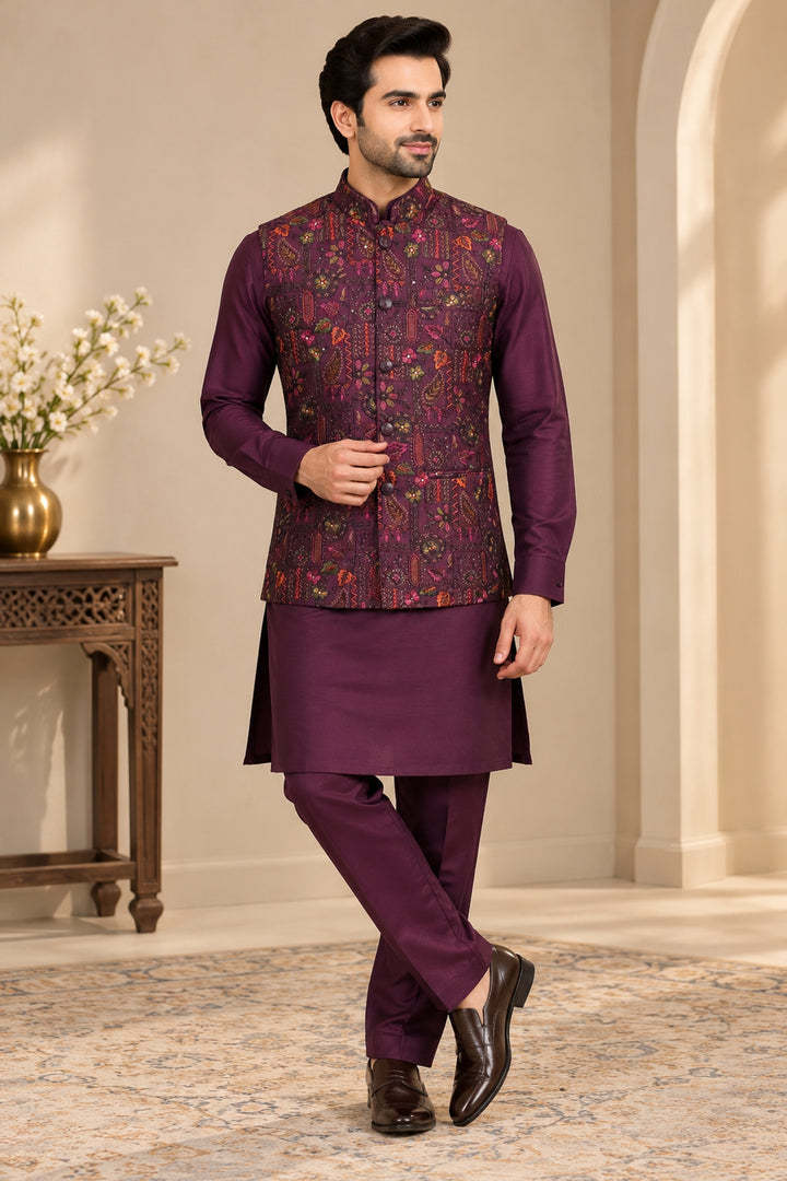Floral Wine Jacket Kurta Set - JT47795-1