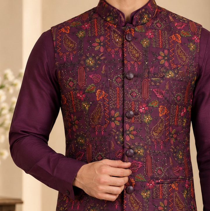 Floral Wine Jacket Kurta Set - JT47795-1