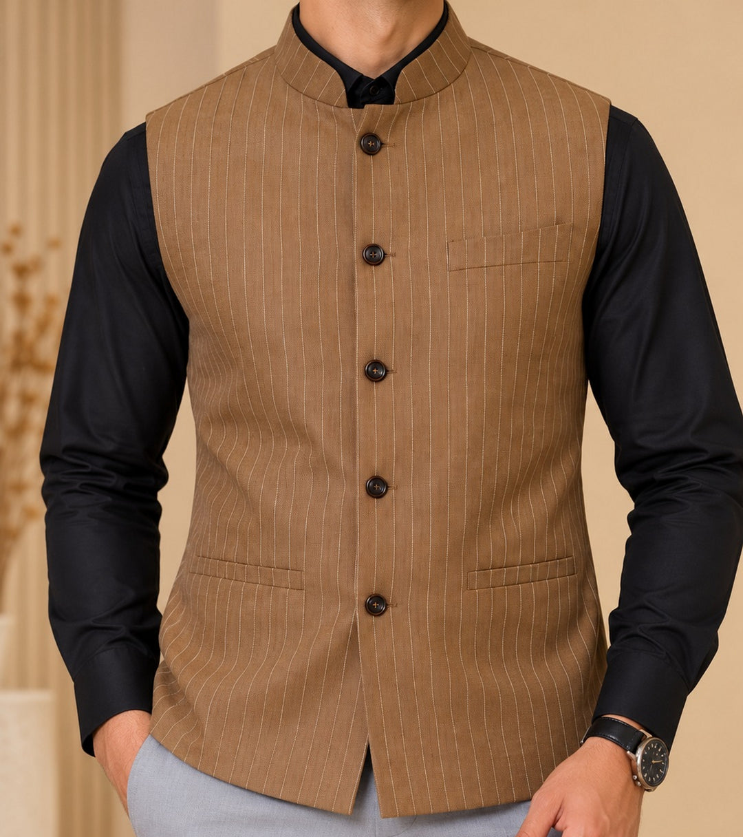 Striped Brown Nehru Jacket - B48115-32