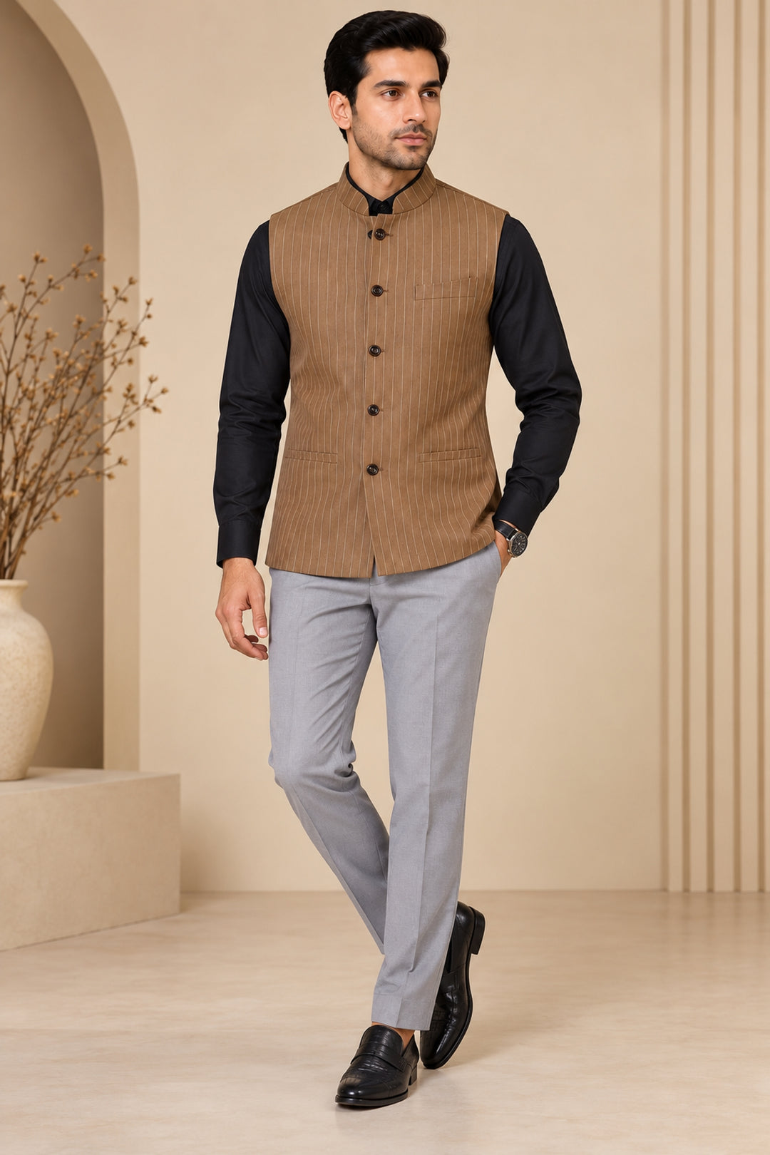 Striped Brown Nehru Jacket - B48115-32