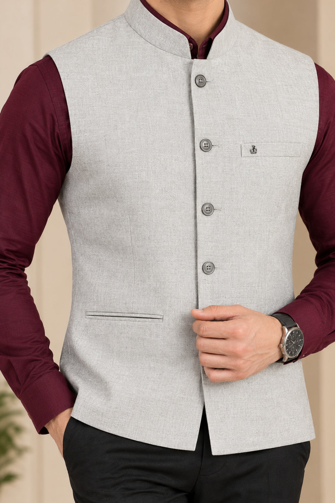 Solid Cream Nehru Jacket - B47340-2