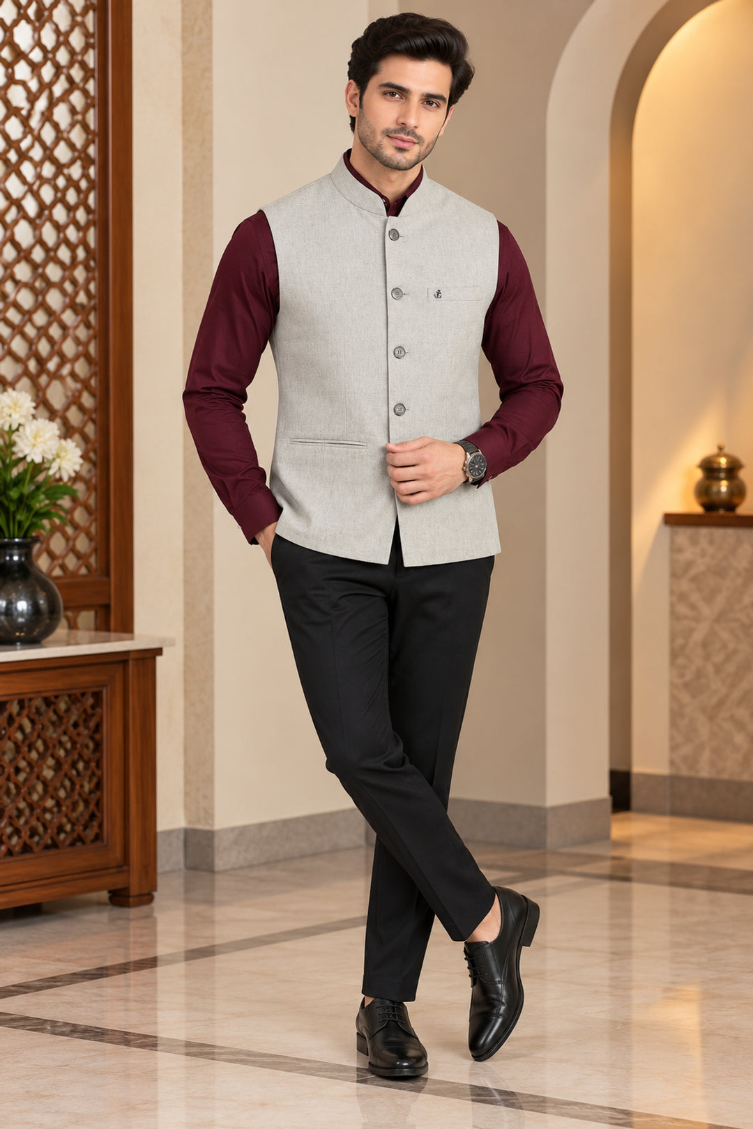 Solid Cream Nehru Jacket - B47340-2