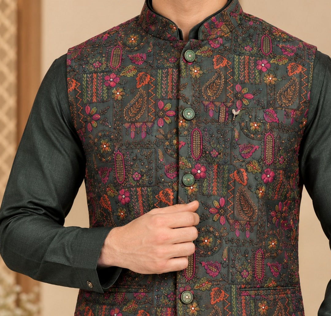 Floral Green Jacket Kurta Set - JT47795-2