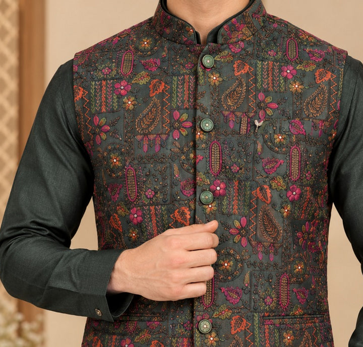 Floral Green Jacket Kurta Set - JT47795-2