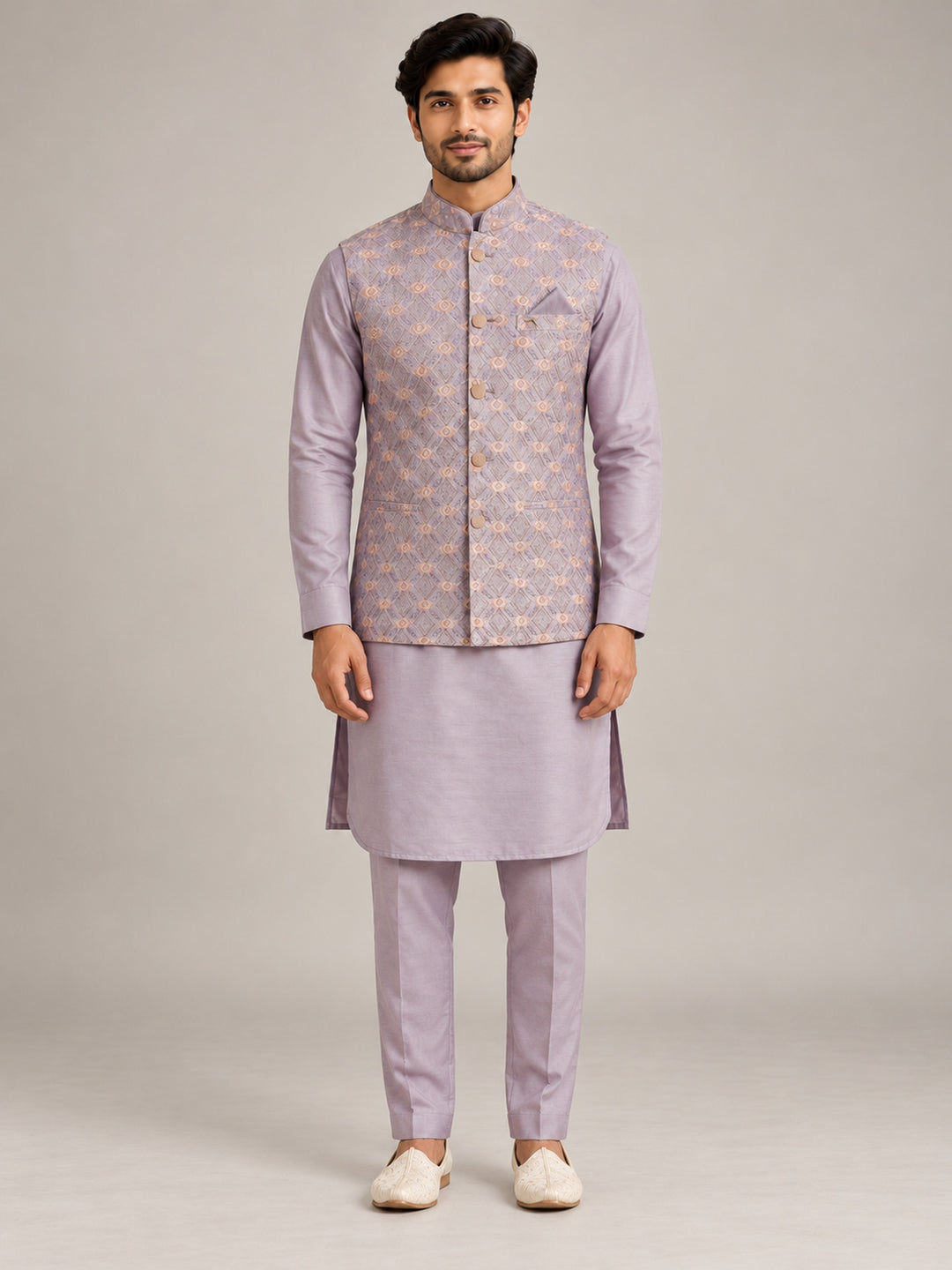 Geometric Purple Jacket Kurta Set - JM43737-9