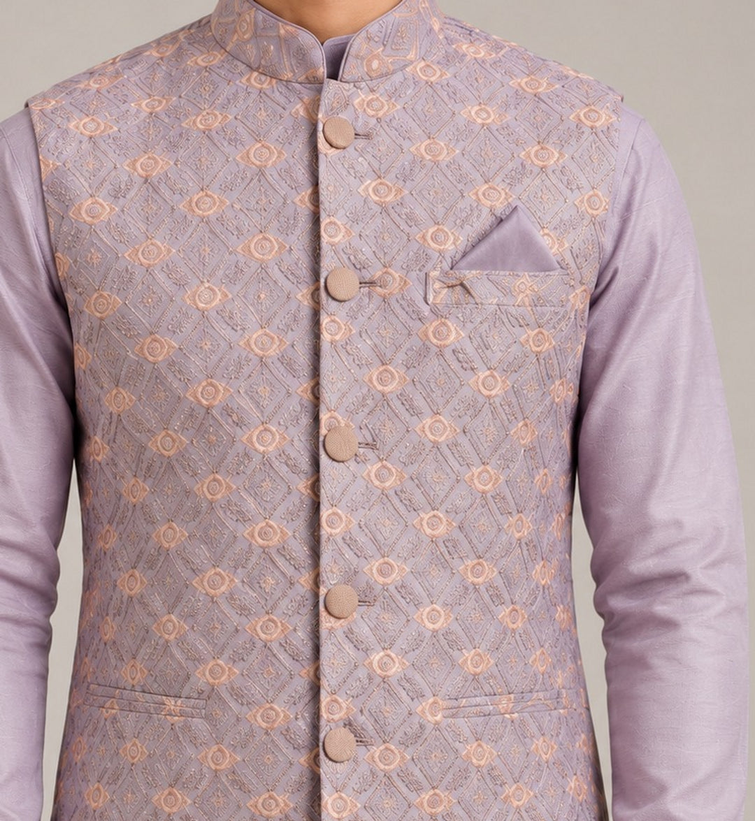 Geometric Purple Jacket Kurta Set - JM43737-9
