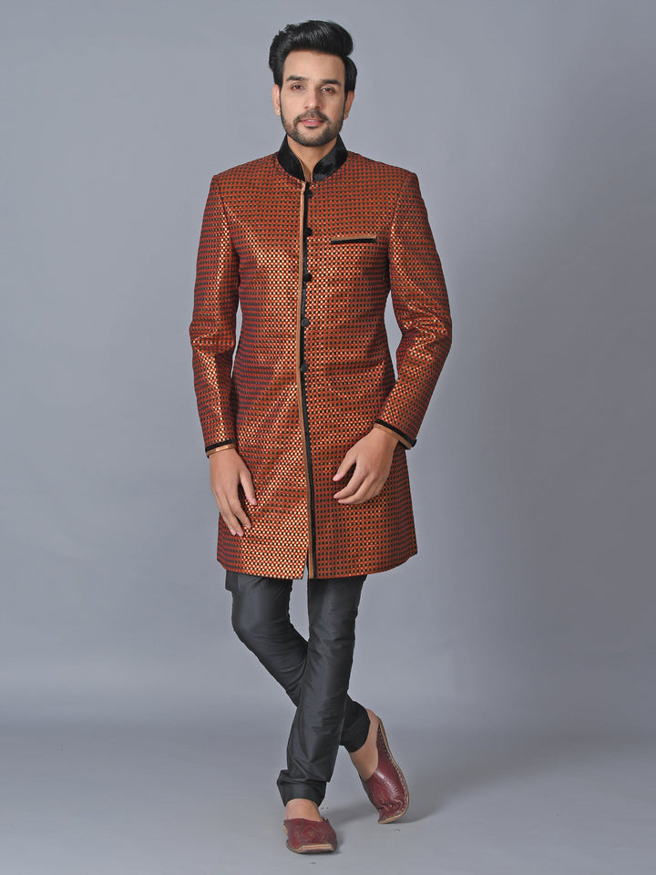 Woven Design Rust Sherwani