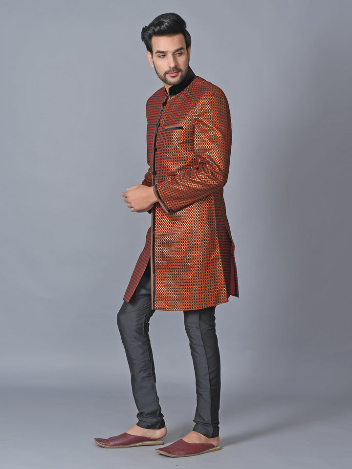 Woven Design Rust Sherwani