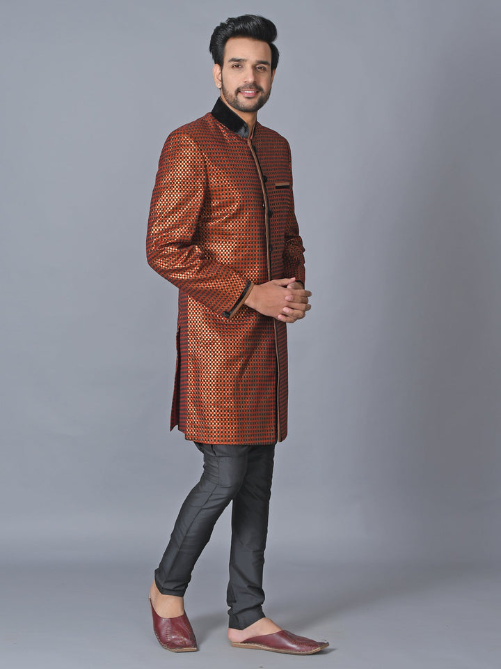 Woven Design Rust Sherwani