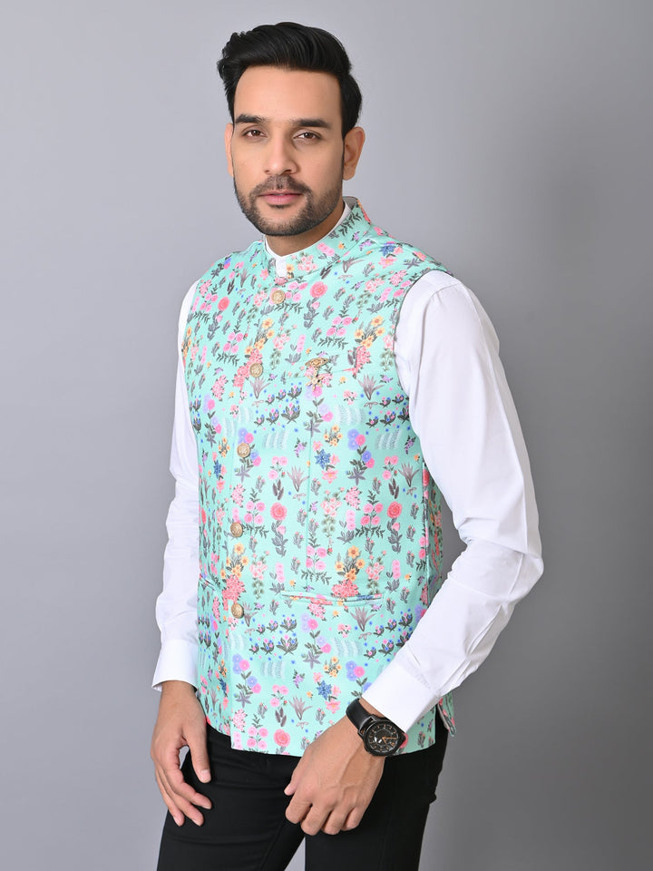 Floral Sea Green Nehru Jacket
