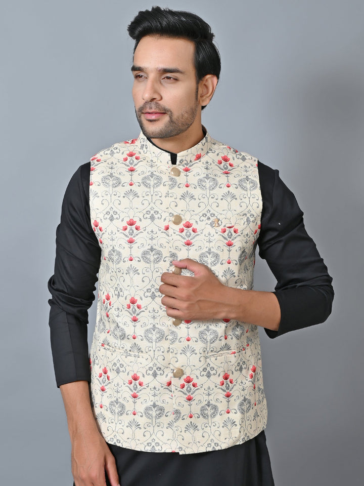 Printed Cream Nehru Jacket