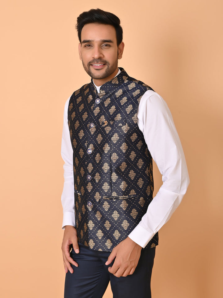 Floral Navy Blue Nehru Jacket