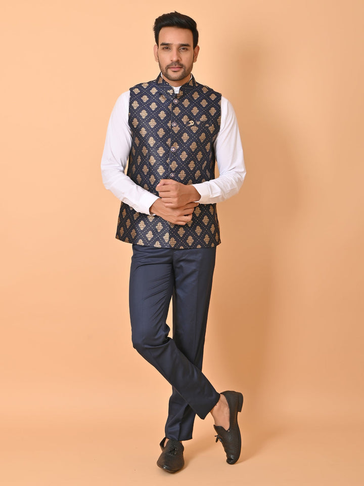 Floral Navy Blue Nehru Jacket