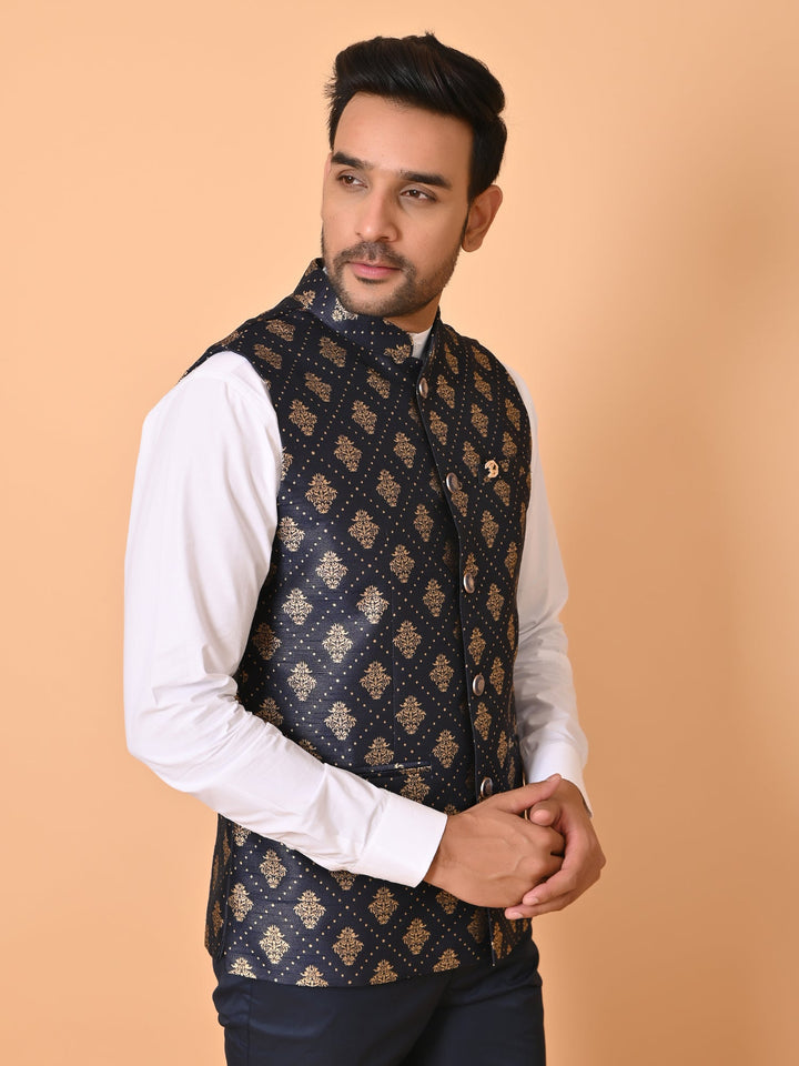 Floral Navy Blue Nehru Jacket