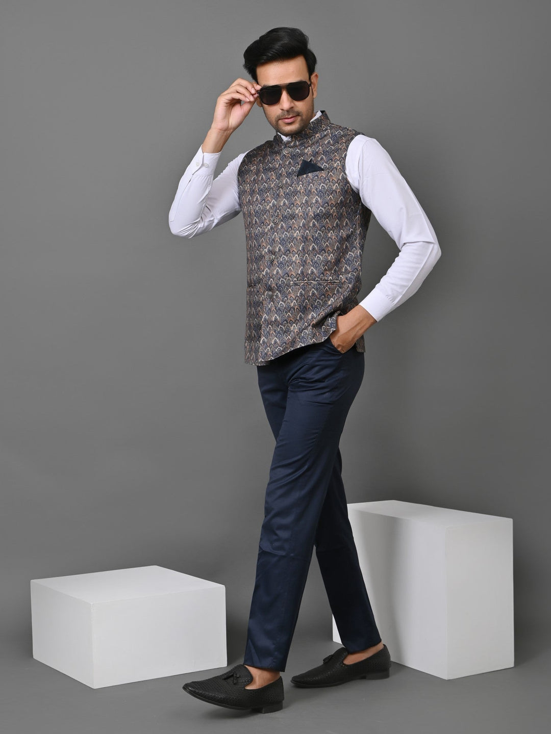Ethnic Motifs Navy Blue Nehru Jacket