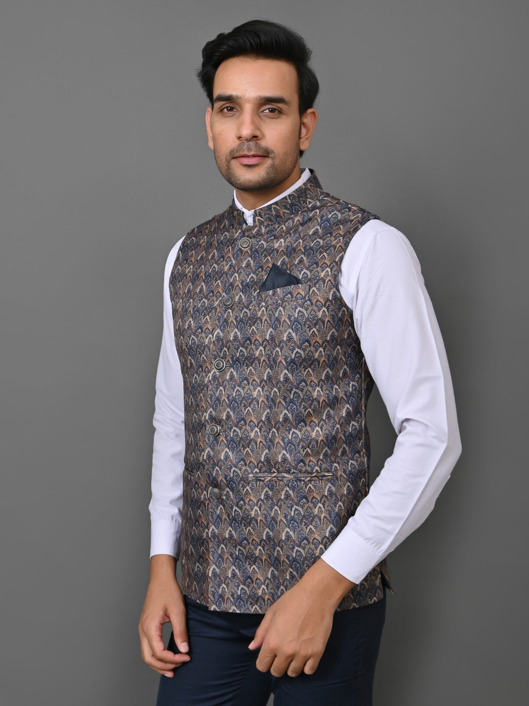 Ethnic Motifs Navy Blue Nehru Jacket