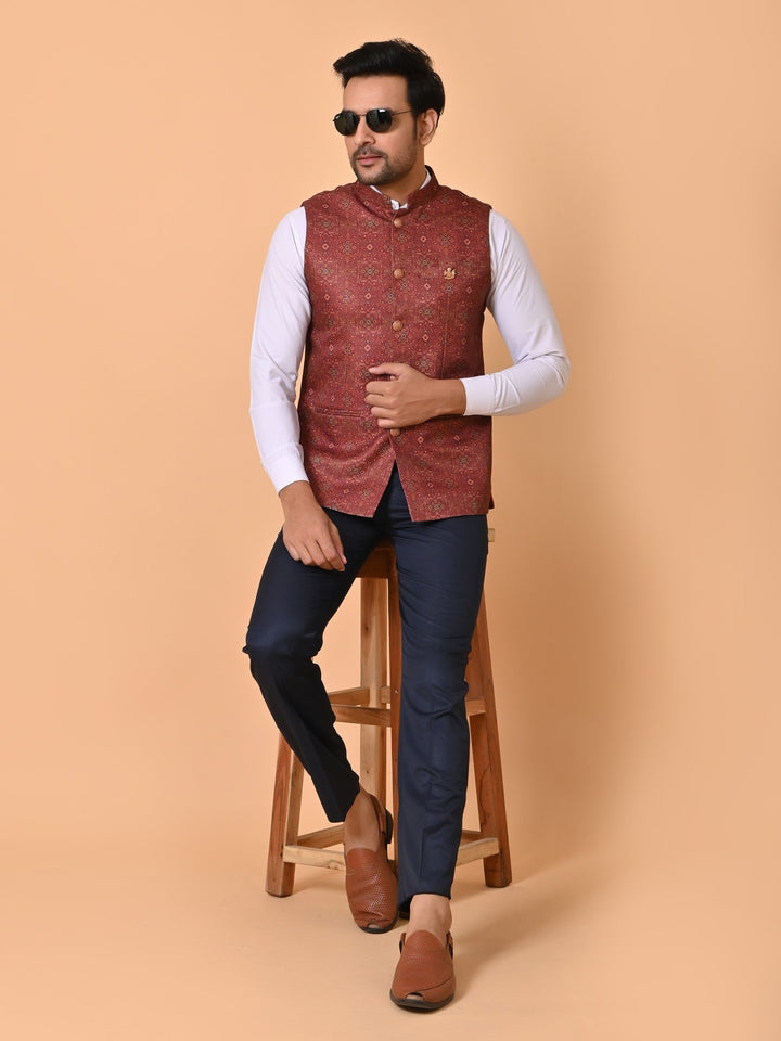 Ethnic Motifs Red Nehru Jacket