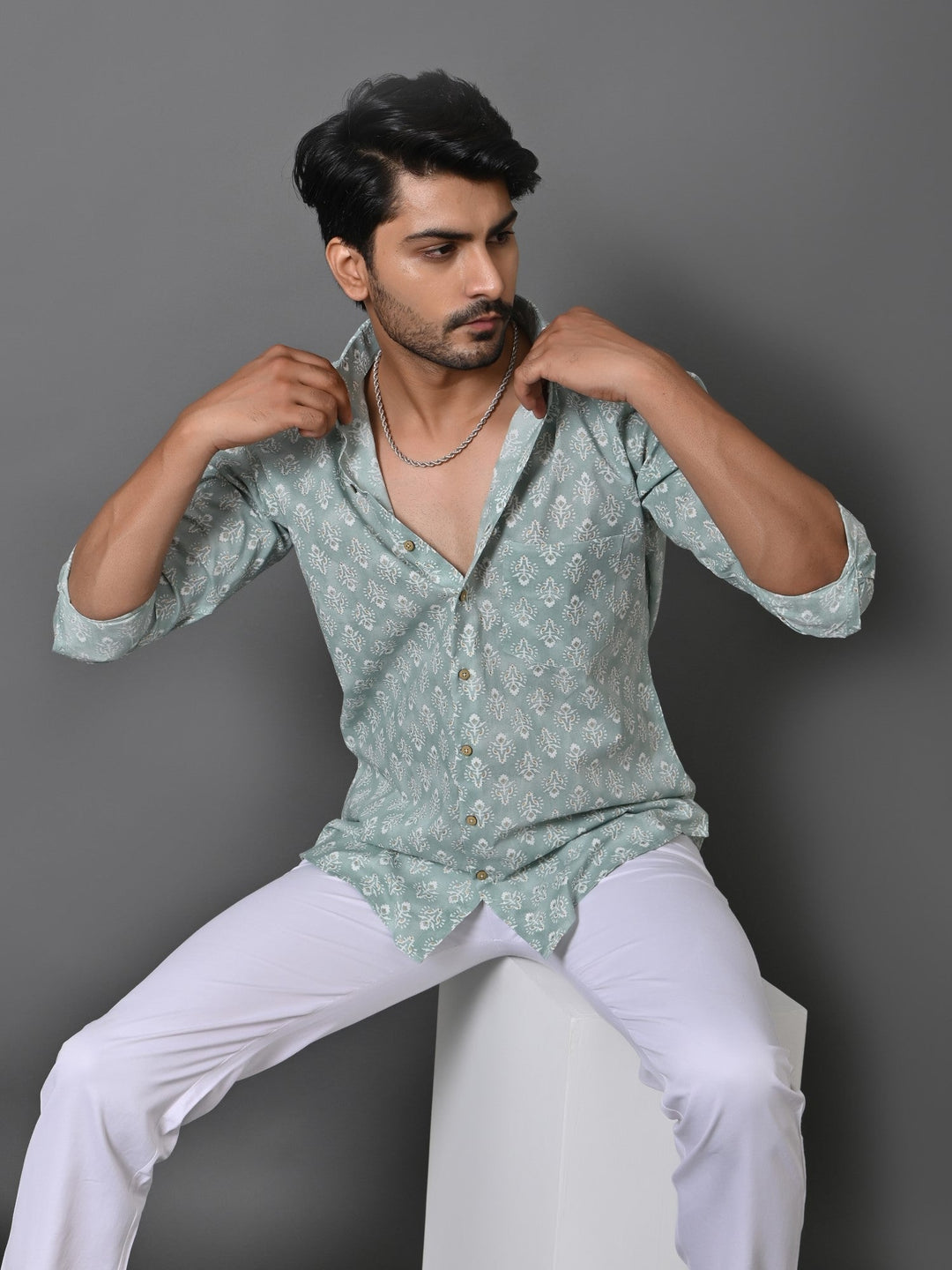 Ethnic Motifs Green Shirts