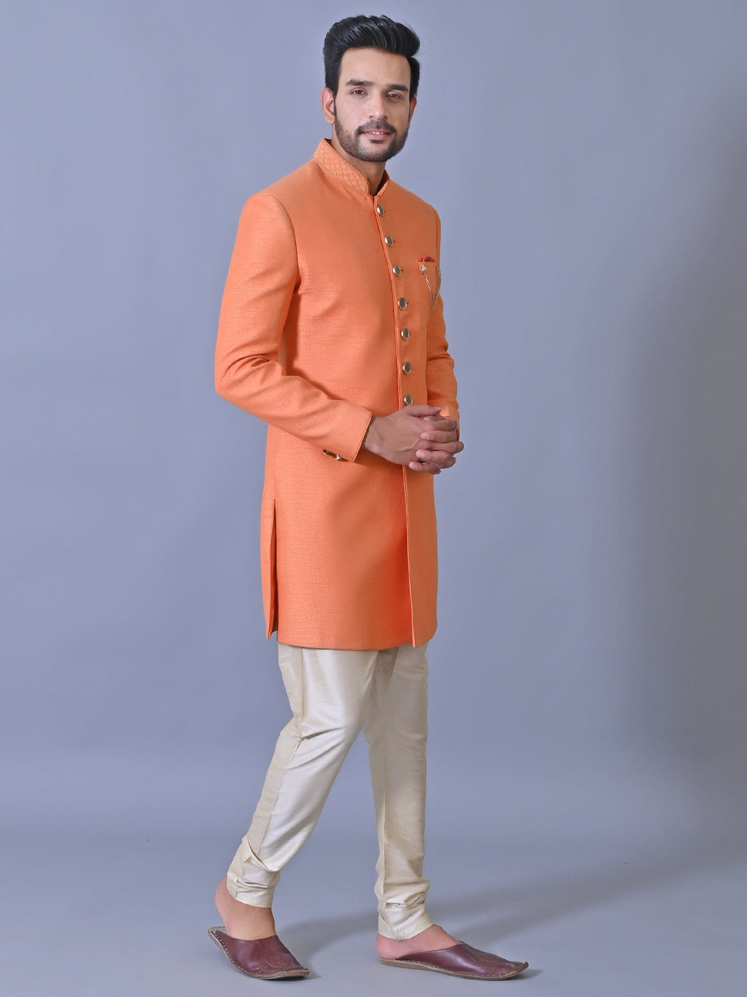 Textured Orange Sherwani