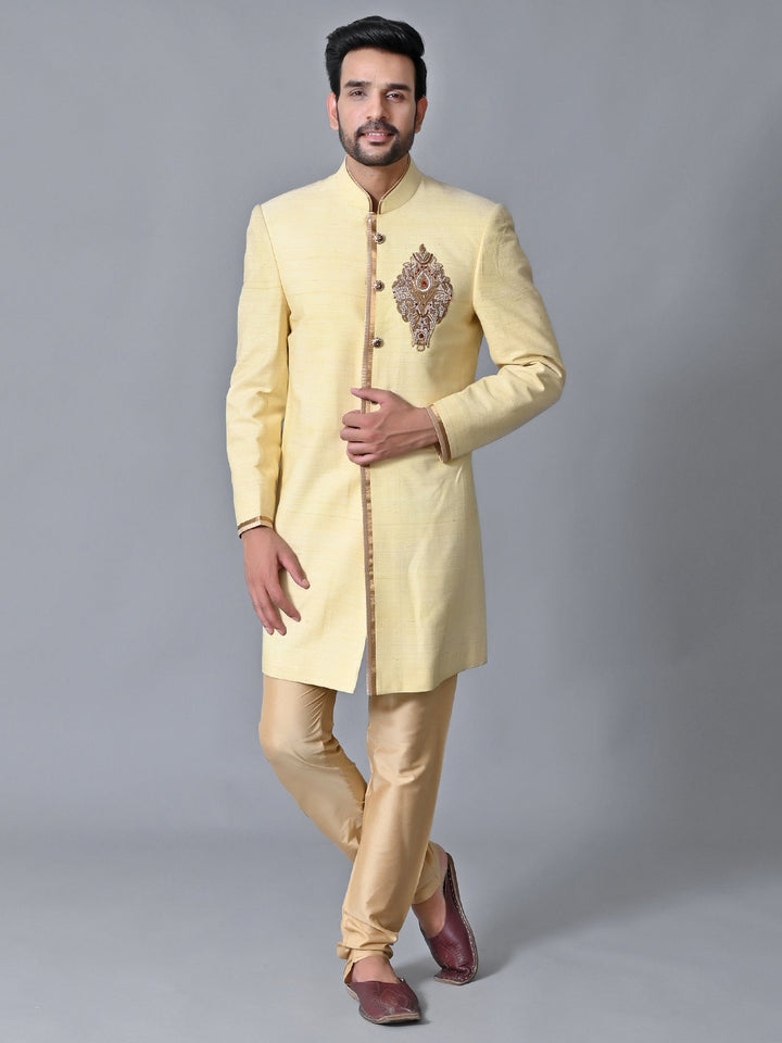 Textured Yellow Sherwani
