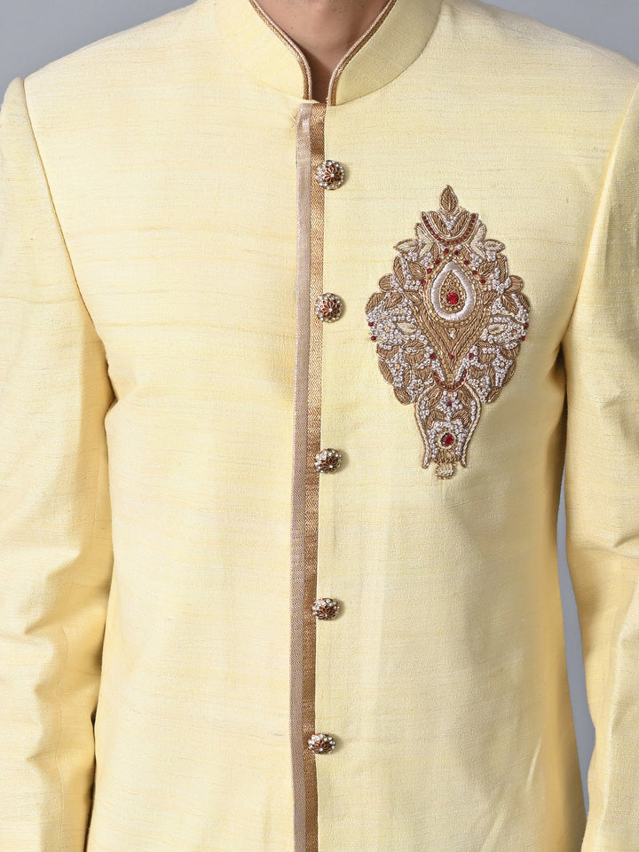 Textured Yellow Sherwani