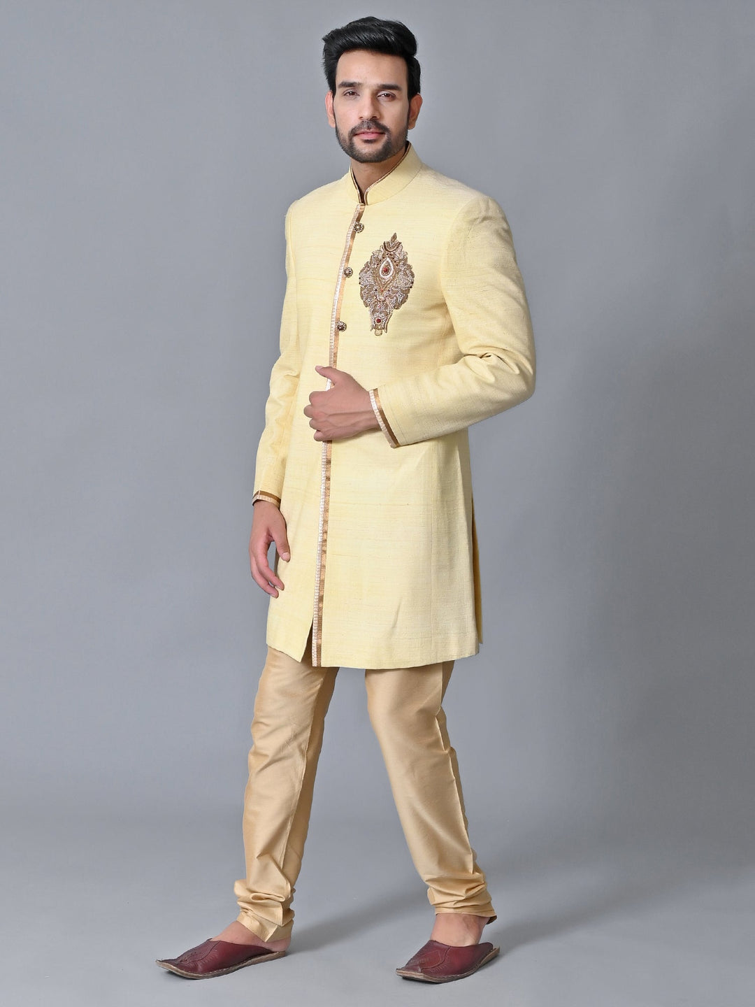 Textured Yellow Sherwani