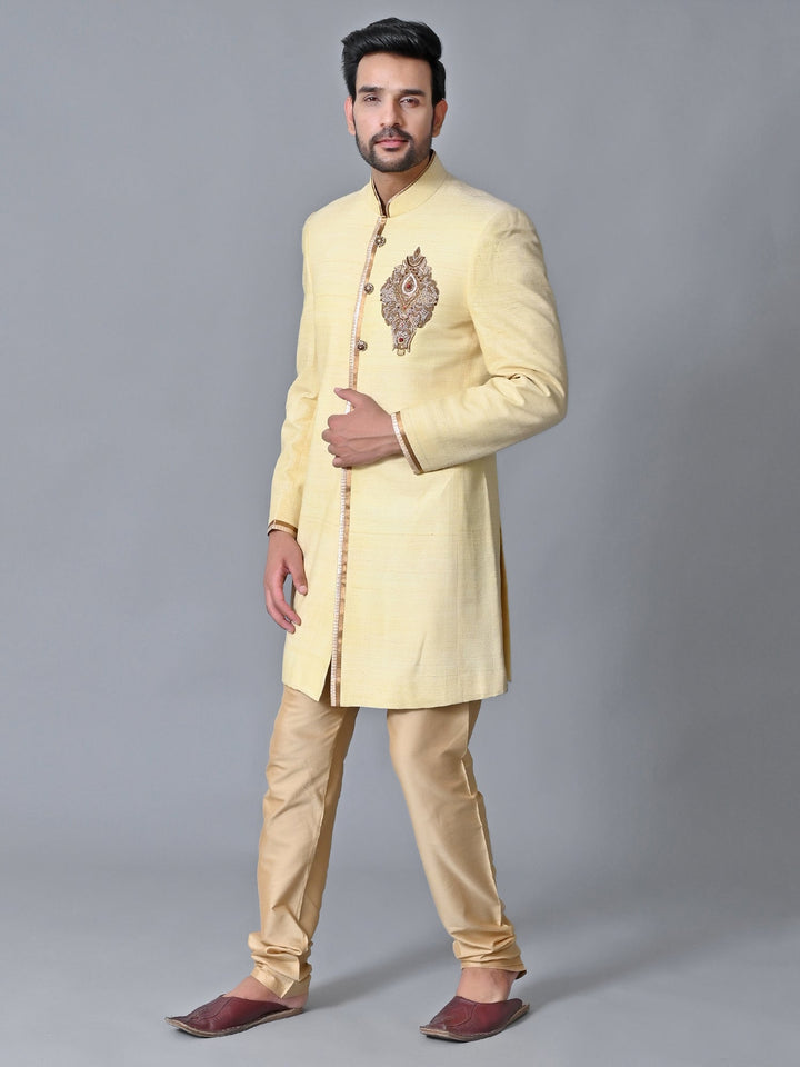 Textured Yellow Sherwani