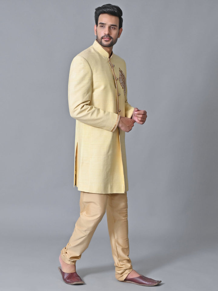 Textured Yellow Sherwani