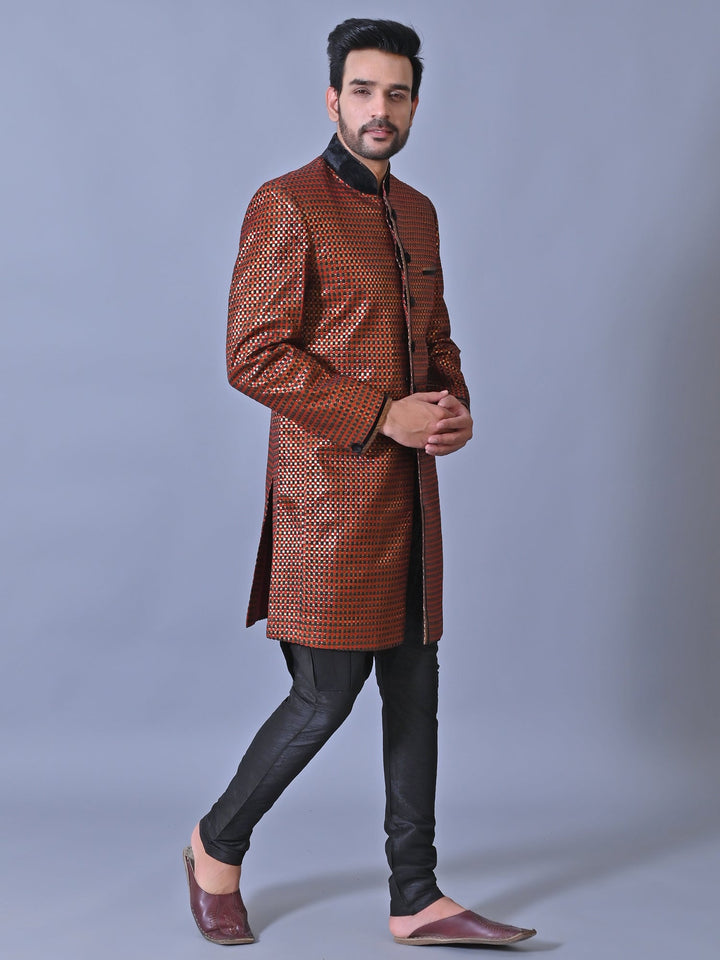 Checked Burgundy Sherwani