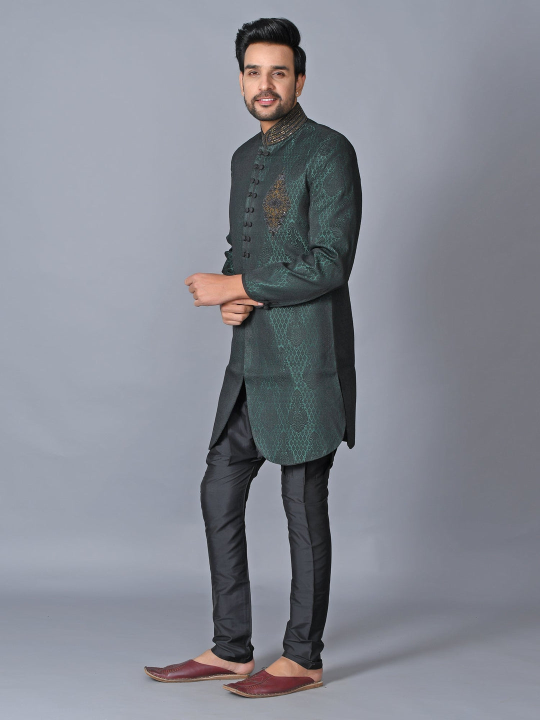 Ethnic Motifs Sea Green Sherwani