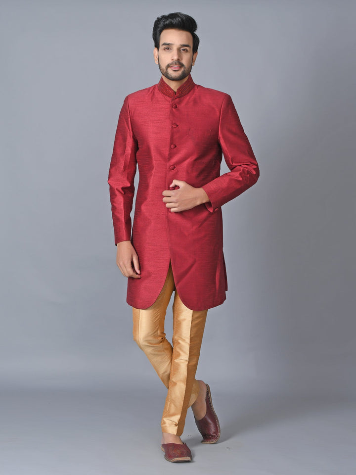Textured Red Sherwani