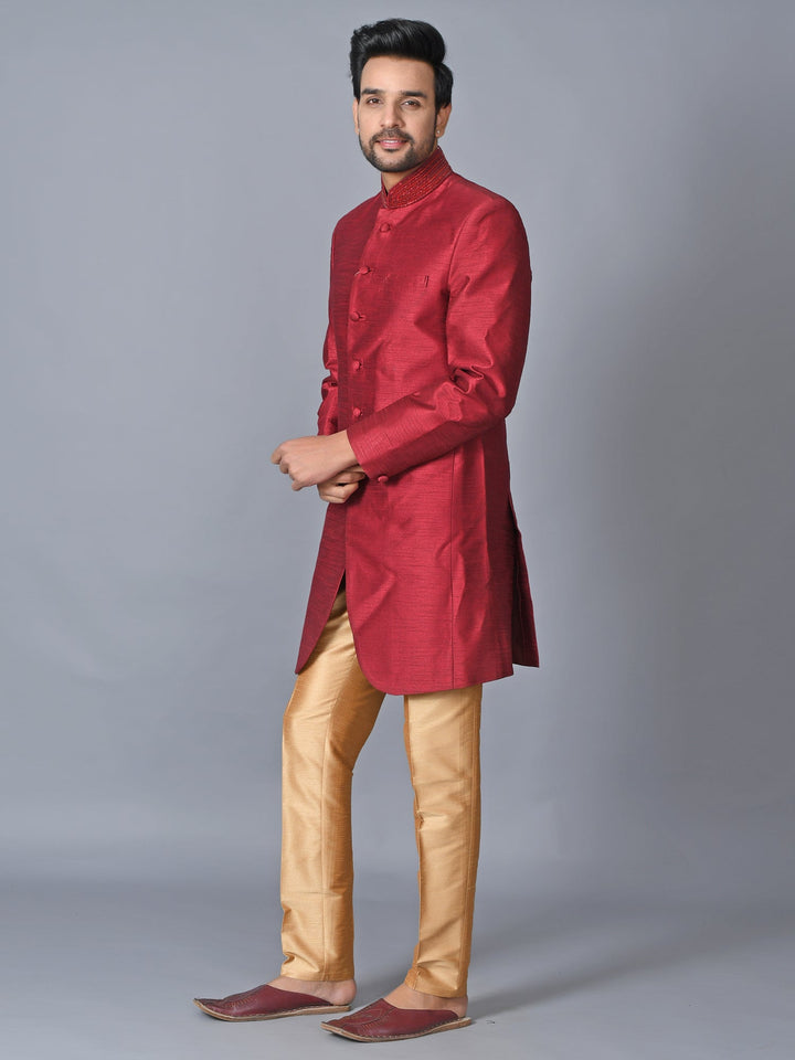 Textured Red Sherwani