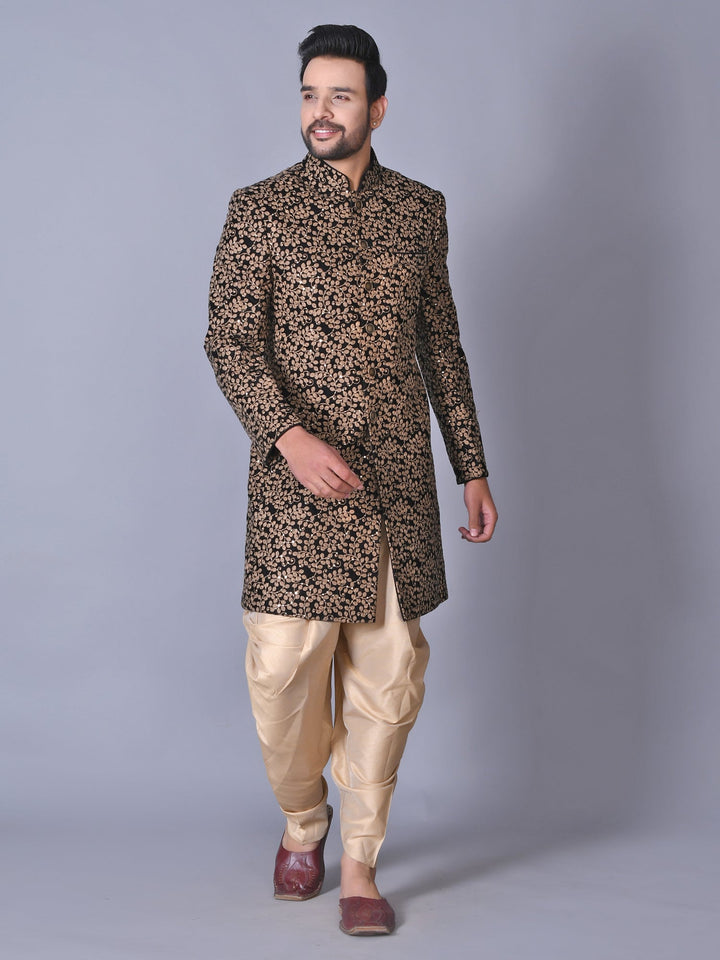 Woven Design Black Sherwani