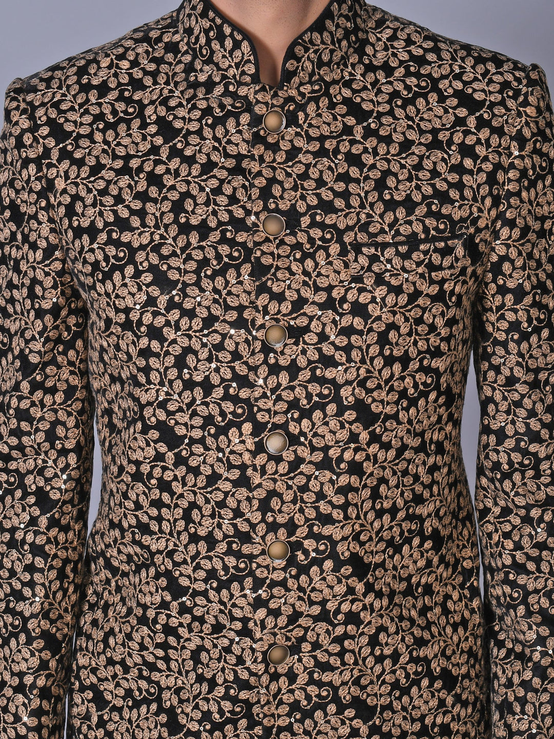 Woven Design Black Sherwani