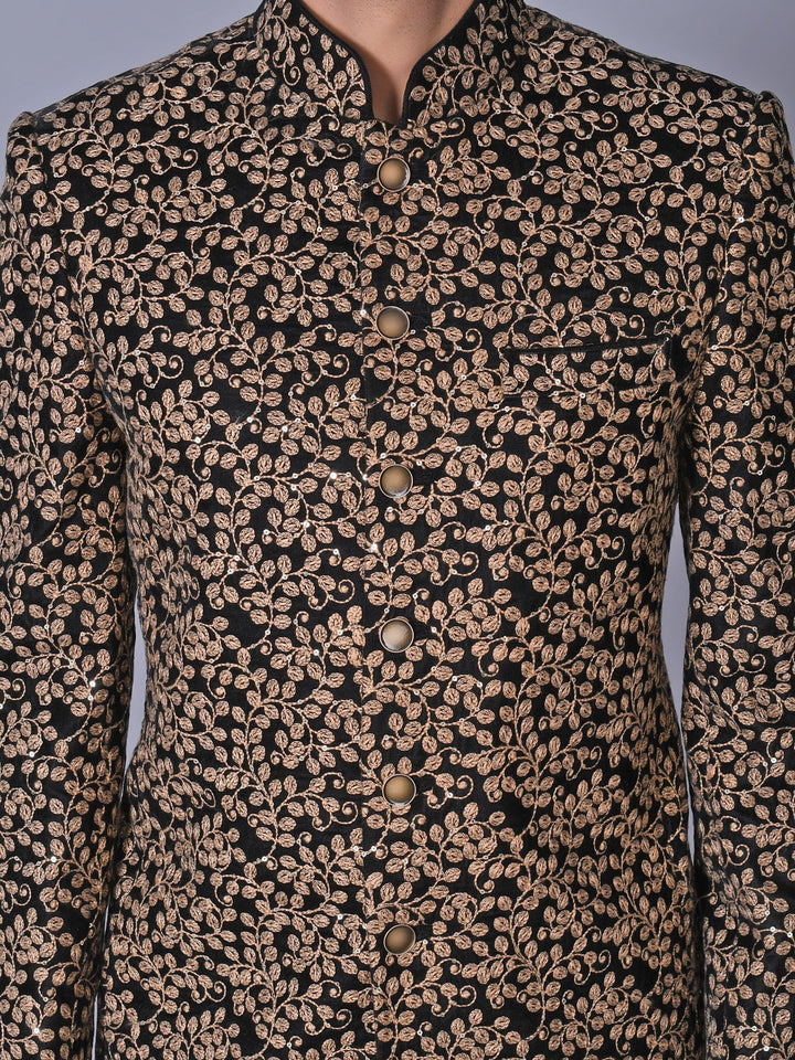 Woven Design Black Sherwani