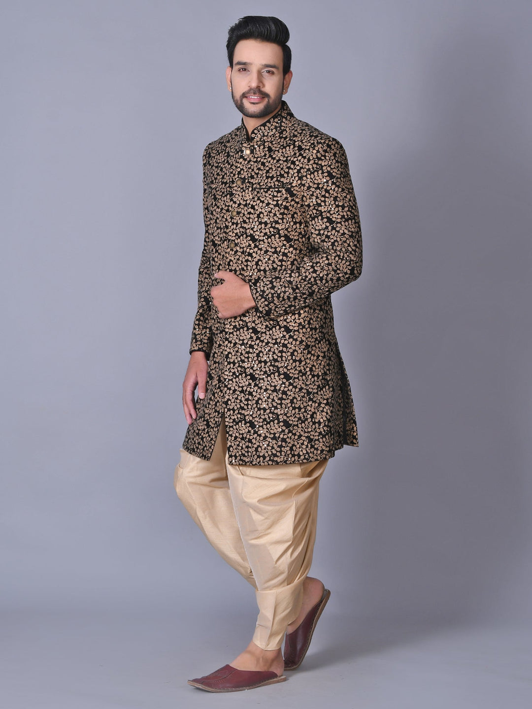 Woven Design Black Sherwani