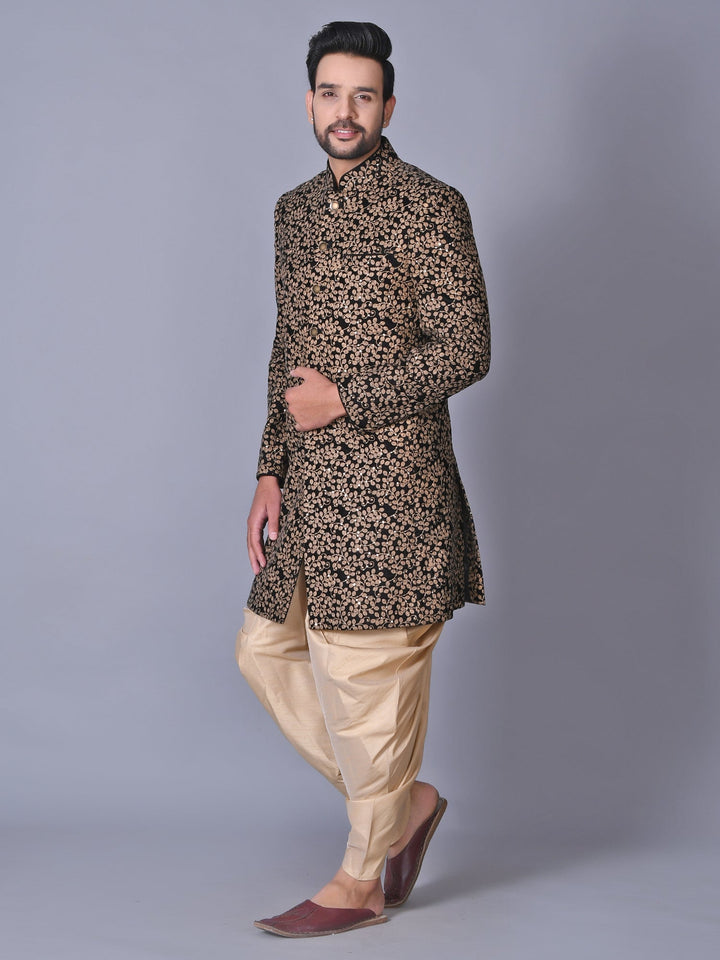 Woven Design Black Sherwani
