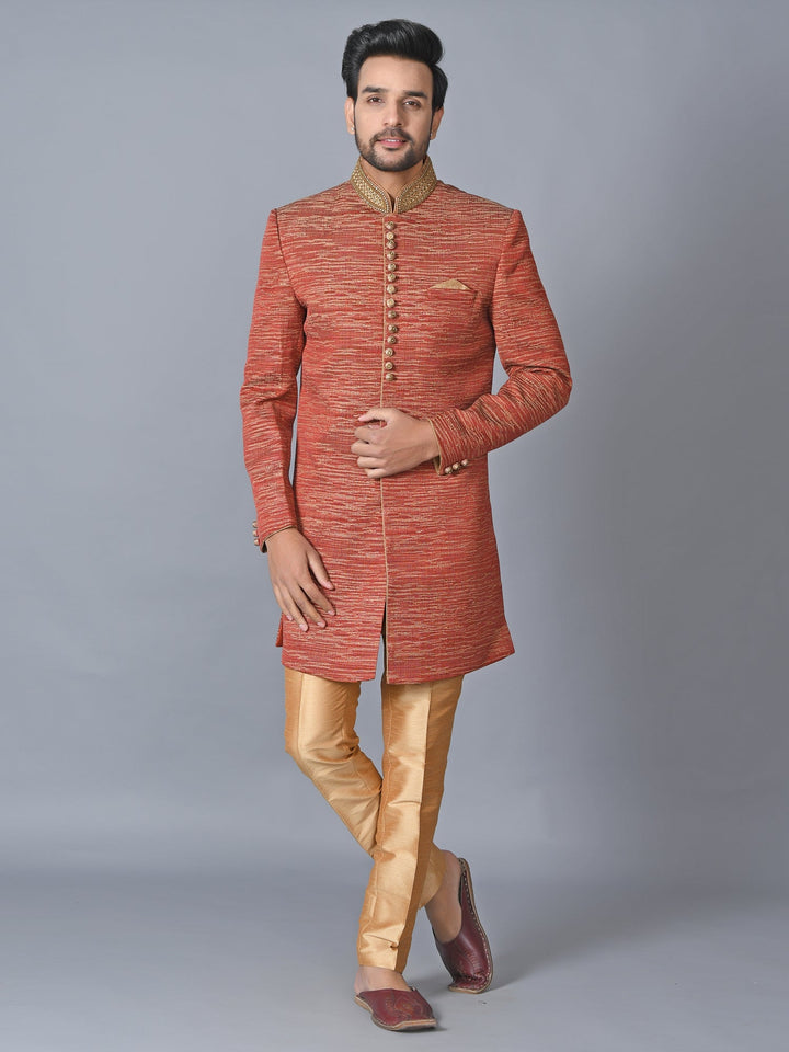 Woven Design Orange Sherwani