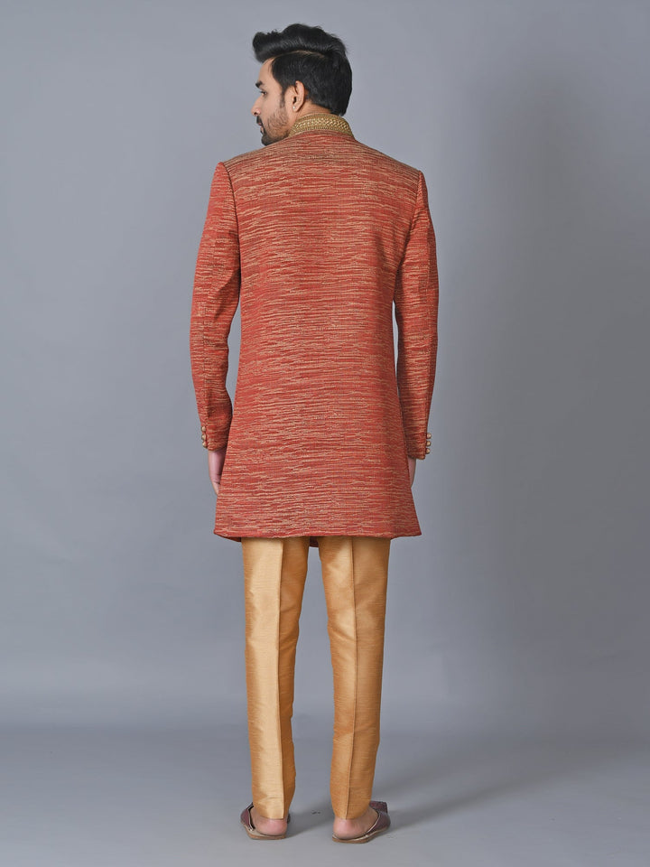 Woven Design Orange Sherwani