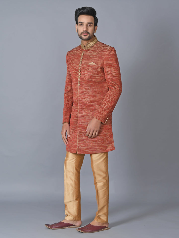 Woven Design Orange Sherwani