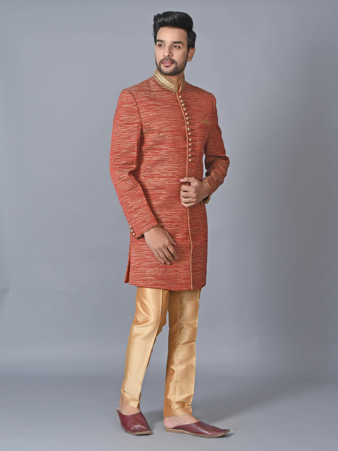 Woven Design Orange Sherwani