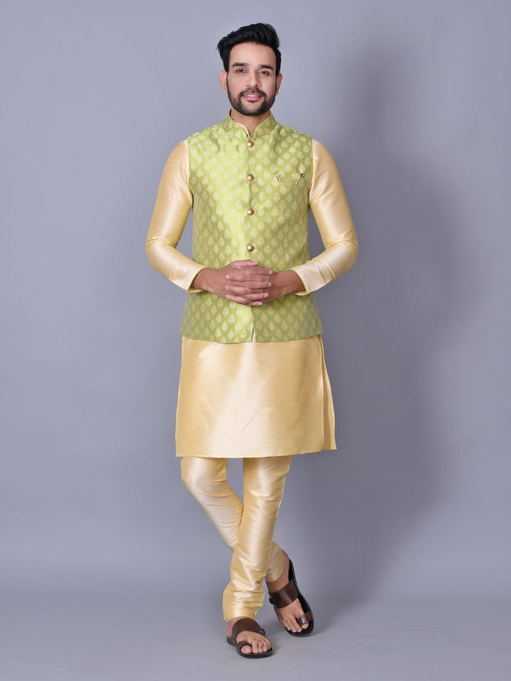 Ethnic Motifs Lime Green Jacket Kurta Set