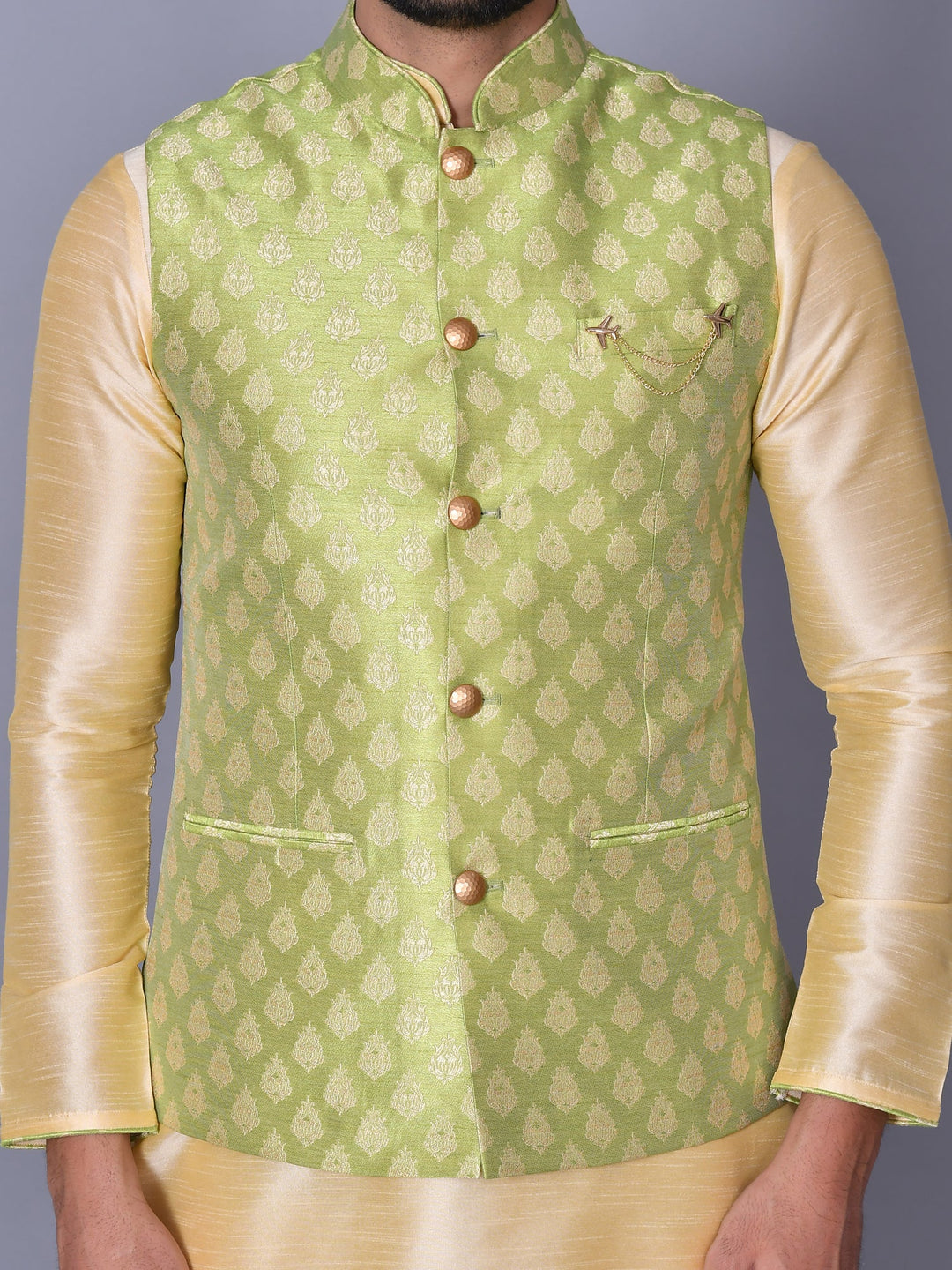 Ethnic Motifs Lime Green Jacket Kurta Set