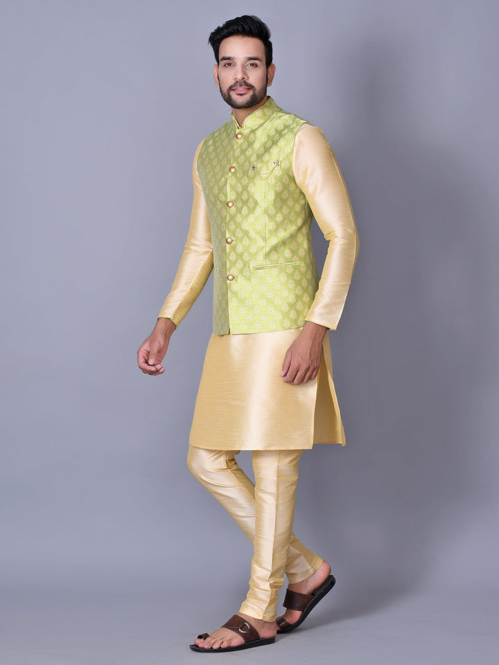 Ethnic Motifs Lime Green Jacket Kurta Set